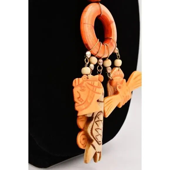 Vintage Carved Laminated Wood Statement Necklace Whimsical Made in India Bin3A